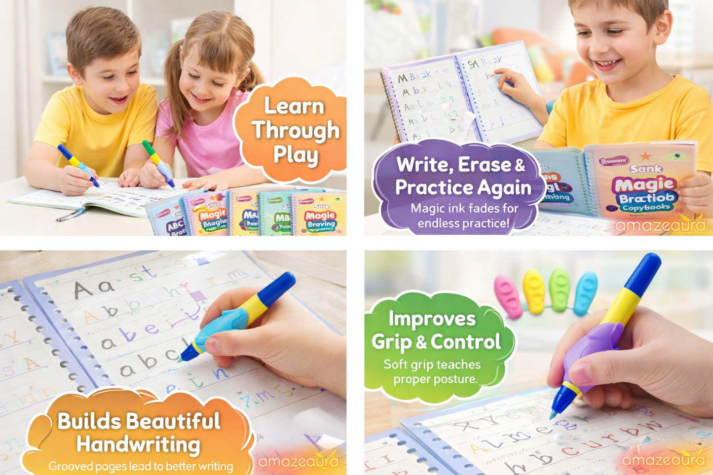 Magic Handwriting Practice Set (4 BOOKS,1 PEN,1 GRIP,10 REFILL)